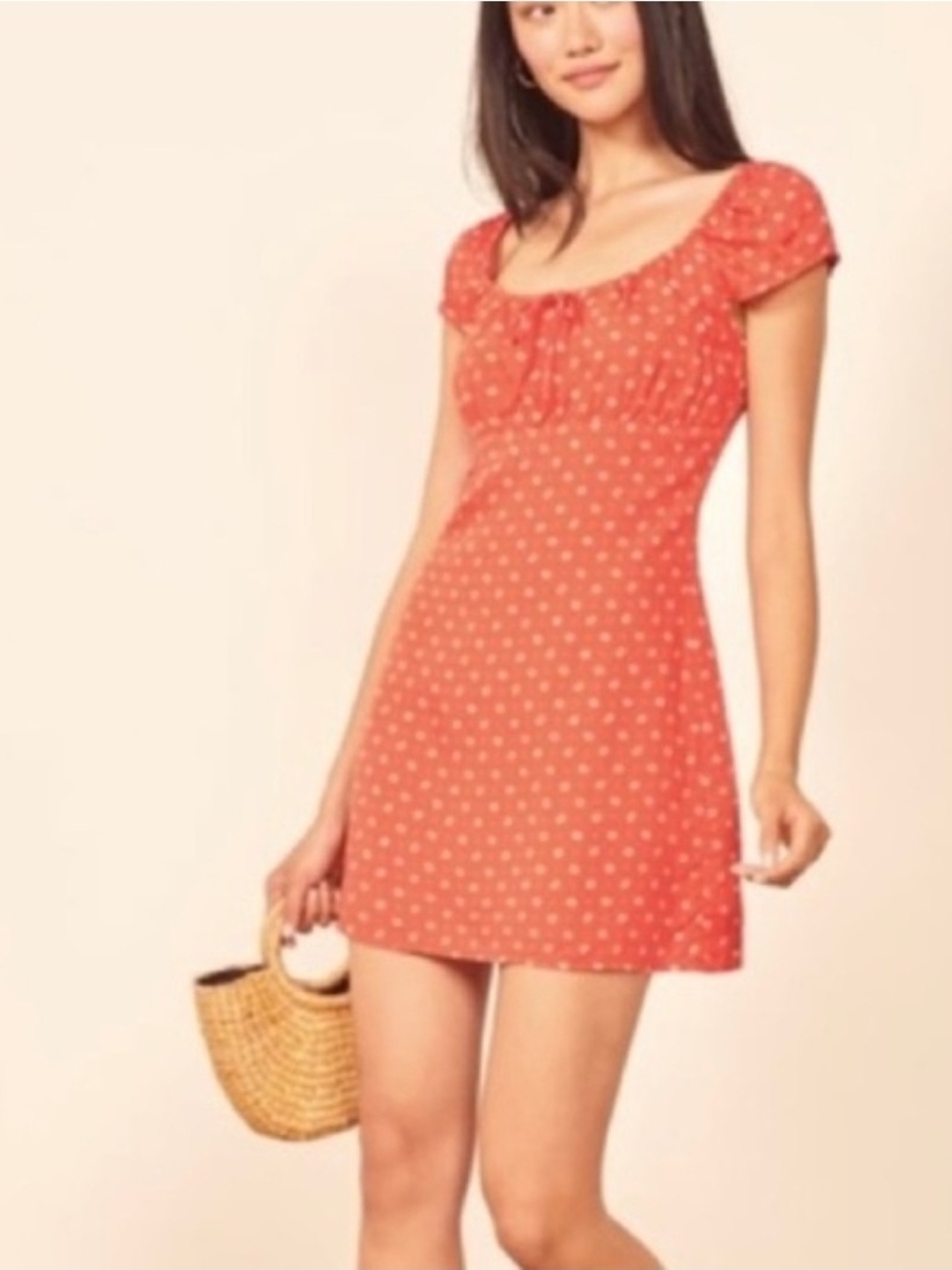 Reformation Maison Dress In Hola: Coral-Red Mini-Dress with White Polka Dots